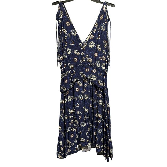 Thakoon Collective Navy Lotus Printed Dress Sz 6 V-Neck Ruffled High-Low Hem - Picture 2 of 10